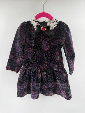 Baby Togs Girls 4T Vintage Black & Purple Velvet Floral Dress with Lace Collar